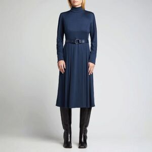 AKRIS Pleated Double-Face Wool Mulberry Silk Mock Neck Long Sleeve Midi Dress 12